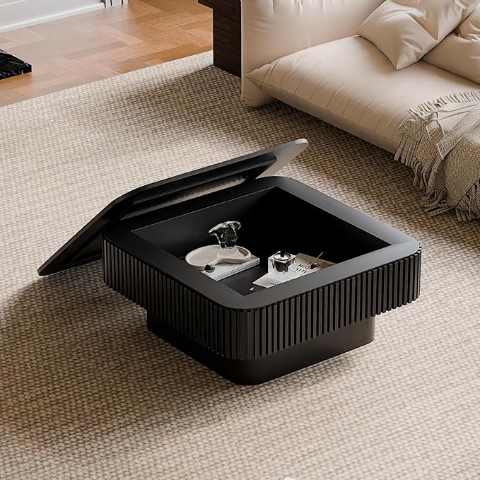 Square Coffee Table for Living Room,Fluted Drum Accent Tea Center Table with Storage,Solid Wood Modern Coffee Tables for Small Space Office Apartment (31.5" L×31.5''W×14''H-Black)