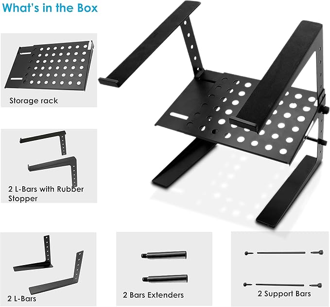 Pyle Portable Adjustable Laptop Stand - 6.3 to 10.9 Inch Standing Table Monitor or Computer Desk Workstation Riser with Shelf Storage and Height Alignment for DJ, PC, Gaming, Home or Office - PLPTS26