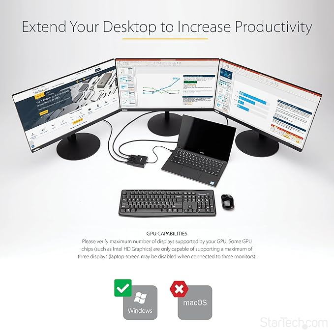 StarTech.com 3-Port Multi Monitor Adapter - DisplayPort 1.2 to 3x HDMI MST Hub - Triple 1080p HDMI Monitors - Video Splitter for Extended Desktop Mode on Windows PCs Only - DP to 3x HDMI (MSTDP123HD)