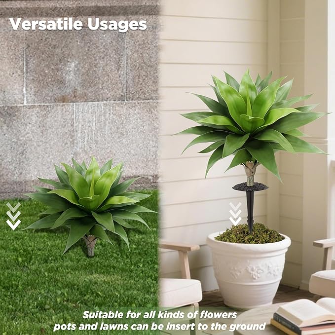 24 Inch Artificial Agave Plant with Ground Stake, Realistic Faux Succulents for Home Decor, UV-Resistant Fake Agave Plant for Indoor Outdoor Planters, Porch, Patio, Balcony, Poolside, 2 Pack