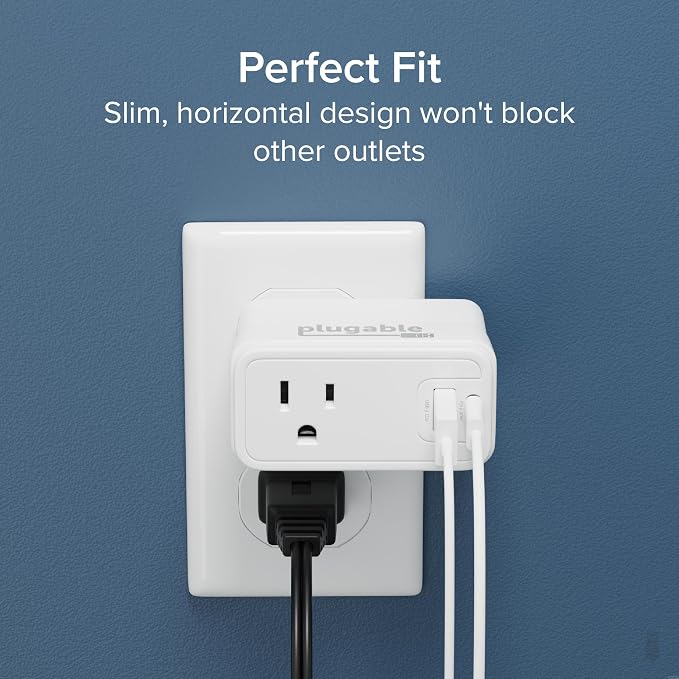 Plugable Outlet Extender with USB-C &amp USB-A Fast Charging - Wall Charger Block for iPhone 15/16. Pass-Through Design Travel &amp Office