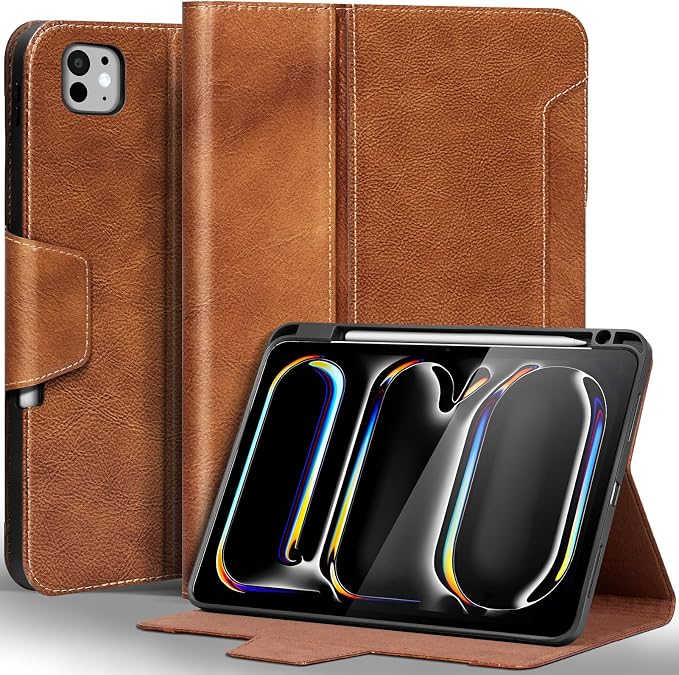 Gexmil Leather Case for iPad Pro 11 Inch M5/M4 2025/2024Crocodile Brown | Genuine Leather CoverPencil HolderMagnetic ClosureSmart Folio Auto Sleep/WakeProtectiveAdjustable Stand