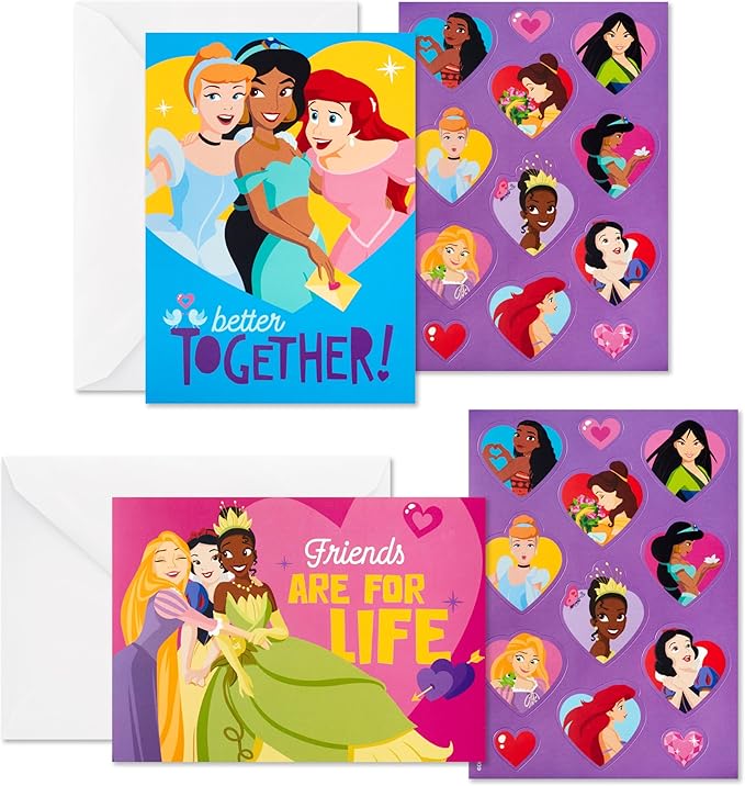 Hallmark Disney Princess Valentines Day Cards and Stickers for Kids School (24 Classroom Valentines with Envelopes)