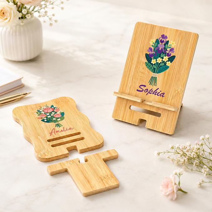 CALLIE Personalized Wooden Phone Holder for Women | Custom Name Phone Dock with Birth Flower | Rectangular and Wavy Form Options | Birthday Gift for Mom Family Friend