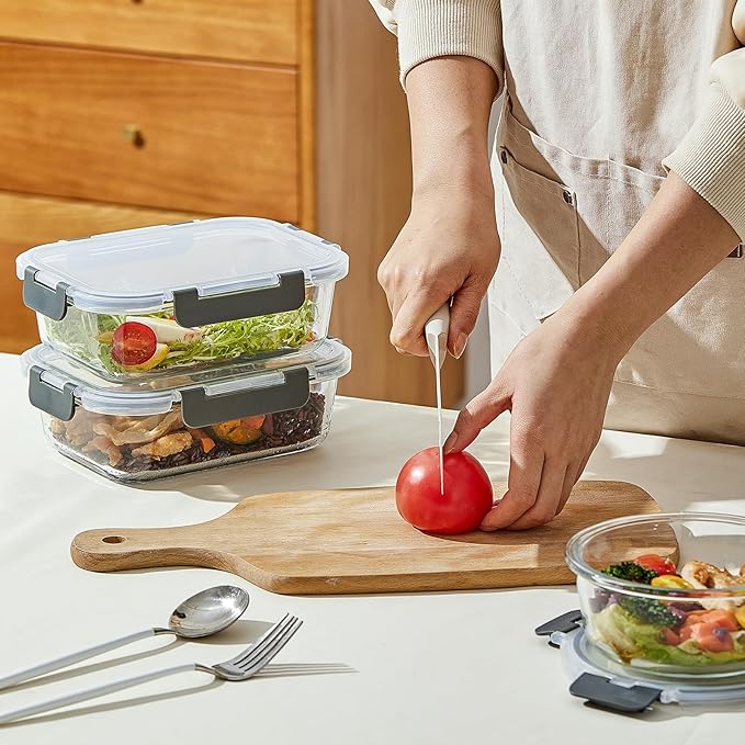Wancilock 10 Pack 22 oz Glass Meal Prep Containers, Glass Food Storage Containers with Lids, Reusable Airtight Leakproof Lunch Bento Boxes Freezer, Microwave Oven and Dishwasher, Gray