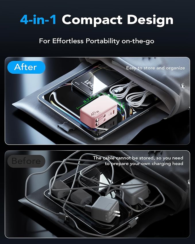 4-in-1 Retractable USB C Wall Charger40W Fast Charging for Multi-Device | Retractable ChargerFoldable PlugExtra USBC &amp A PortsDual 35.5in CablesMultiple Devices Charger for iPhone/Galaxy/Pixe