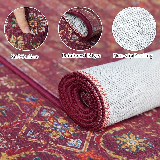 3x5 Soft Washable Area Rugs for Living Room and Bedroom, Non-Slip Stain Resistant Indoor Carpet, Cozy Floor Mat for Dining Room, Office, Stain Resistant Entryway Persian red Floral