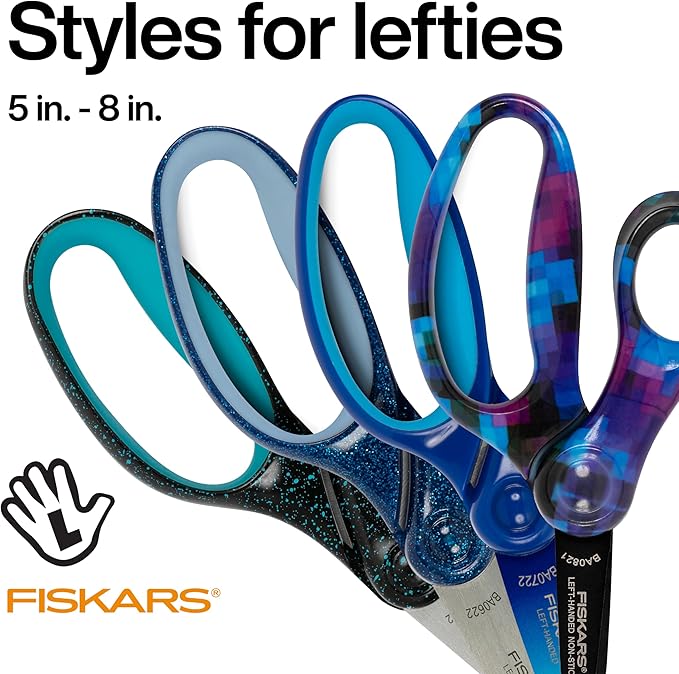 Fiskars 5" Left-Handed Pointed-Tip Scissors for Kids Ages 4-7, Scissors for School or Crafting, Back to School Supplies, Black