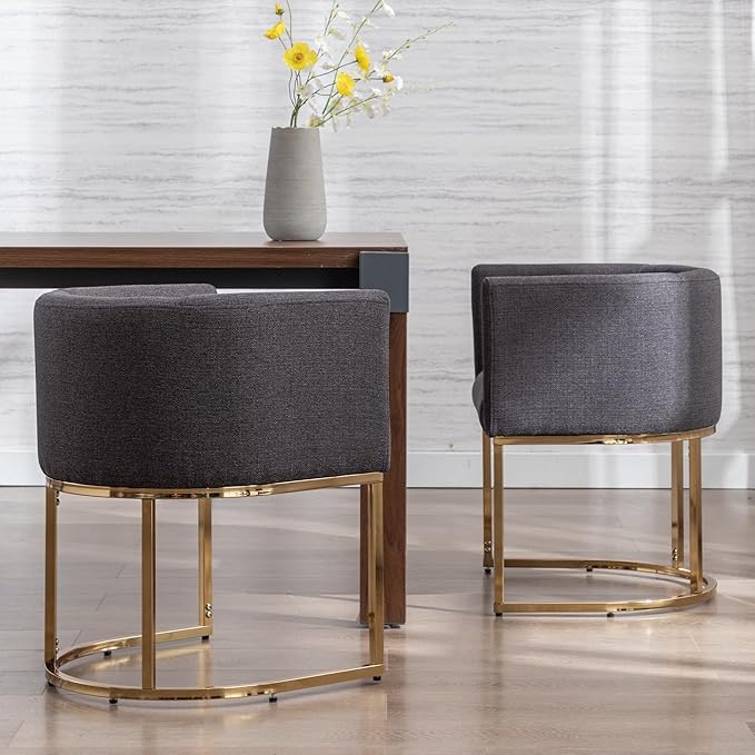 Linen Fabric Dining Chairs Set of 3 Modern Barrel Arm Chairs with Black Frame, Upholstered Kitchen Chairs 18.5" Wide Accent Chairs for Living Room Dining Room Restaurant, Charcoal