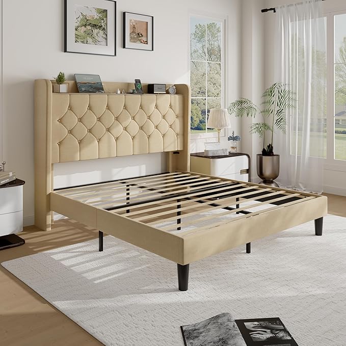 SHA CERLIN Queen Size Platform Bed Frame with Charging Station, Velvet Wingback Headboard with Storage Shelf, Wooden Slats Support, Ample Under-Bed Space, No Box Spring Needed, Easy Assembly, Beige