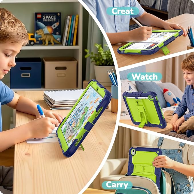 HXCASEAC Case for iPad 9th/8th/7th Generation Case Kids Boys Drop Proof | Built-in Screen Protector Pencil HolderStand Protective Silicone Shockproof Hard Rugged Black