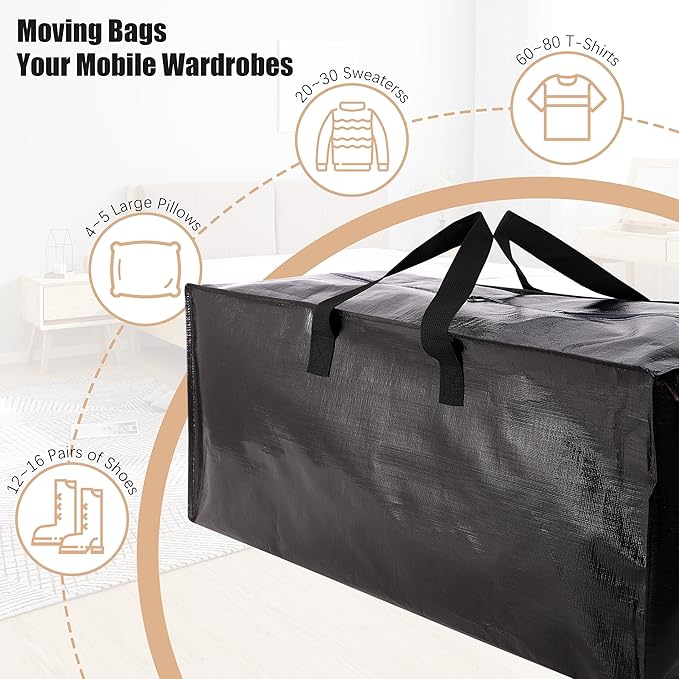 Heavy Duty Moving Bags with Backpack Straps and Strong Handles, Alternative to Moving Boxes and Storage Totes for Dorm Room Essentials, 12 Pack, Black