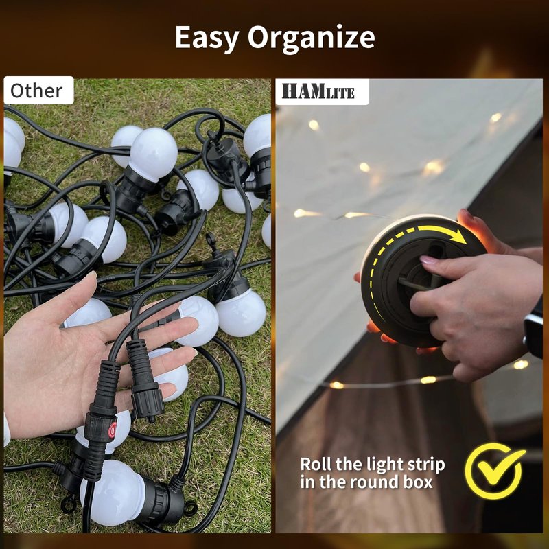HAMLITE Camping String Lights,2 in 1 Outdoor Waterproof Portable Stowable String Light with 5 Lighting Modes(32.8Ft), USB Camping Lights, Rechargeable String Lights for Yard Hiking,Christmas