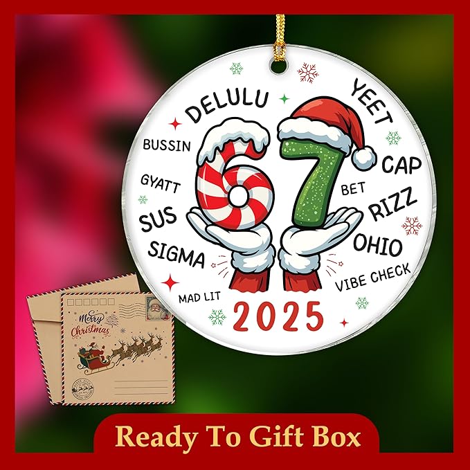 Funny 67 Christmas Ornament 2025, Six Seven Teen Slang Xmas Ornaments 2025, 67 Ornament, 6-7 Hanging Christmas Decorations, 6 7 Meme Gifts for Teen Girl, Boy, Viral Xmas Decor