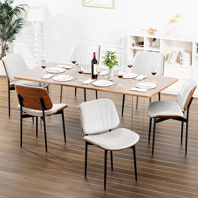Dining Chairs Set of 6, Dining Room and Kitchen Chairs, FSC Certified Mid Century Modern Accent Chair, Upholstered PU Leather Chairs for Vanity with Walnut Bentwood and Metal Legs, White