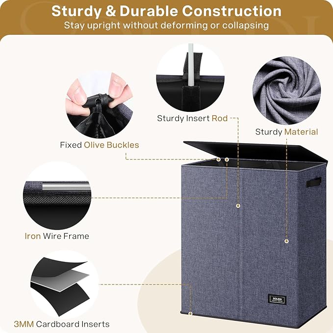 SOLEDI Large Double Laundry Hamper with Lid, Collapsible Clothes Hamper 2 section with Removable Bags, Space-Saving Laundry Basket for Bedroom, Dorm, College