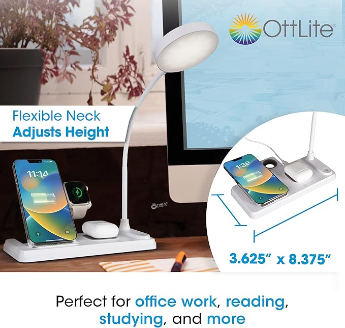 OttLite LED Desk Lamp with Charging Station, Multi-Device Desk Lamp with Wireless Charger, Book Light, Table Lamp Reading Light, Work Light, Desk Lights for Home Office or Bedside