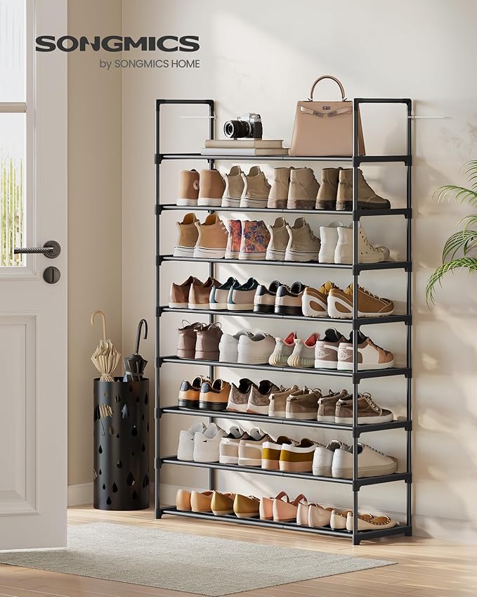 SONGMICS Shoe Rack, 8-Tier Shoe Organizer, Metal Storage Shelf, Upright or Upside Down, for 32-40 Pairs, Stackable, for Entryway, 11.8 x 36.2 x 56.5 Inches, Black ULSA308BH01