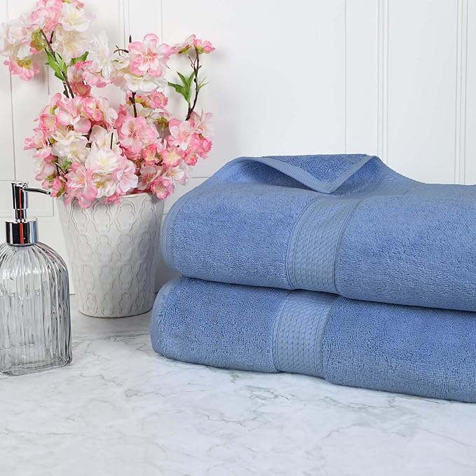 Superior Egyptian Cotton Pile Bath Sheet Set of 2, Ultra Soft Luxury Towels, Thick Plush Essentials, Absorbent Heavyweight, Guest Bath, Hotel, Spa, Home Bathroom, Shower Basics, Denim Blue
