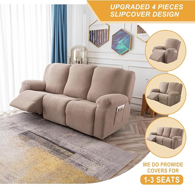 Genina Recliner Cover Stretch Couch Covers, Sofa slipcover for Reclining Couch Thick Jacquard Furniture Protector Washable (Taupe, 3 Seat)