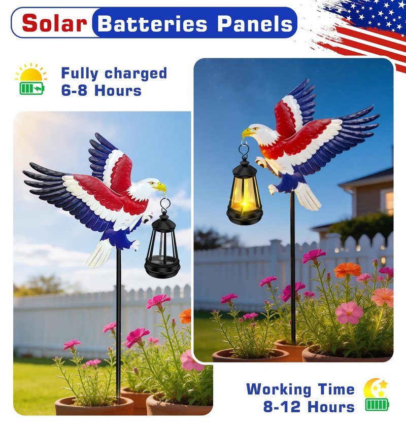 4th of July Decorations Outdoor Solar Lights, Solar Eagle Garden Lights with Lantern, Patriotic Eagle Stake Light for Yard Lawn Garden Patio, USA 250th Anniversary Decor for Memorial Day Veterans Day