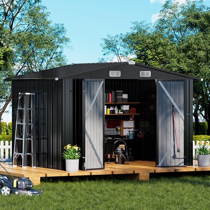 COMHOMA Shed Outdoor Storage Shed Metal,Lockable Doors Tool Sheds with Sloping Roof,Steel Garden Shed with Air Vent for Backyard,Patio,Lawn,Poolside (Grey, 10'*8')