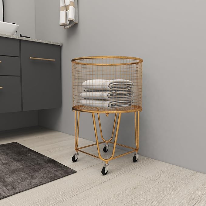 Deco 79 Metal Storage Cart Deep Set Metal Mesh Laundry Basket with Wheels, 16L x 16W x 24.95H, Gold