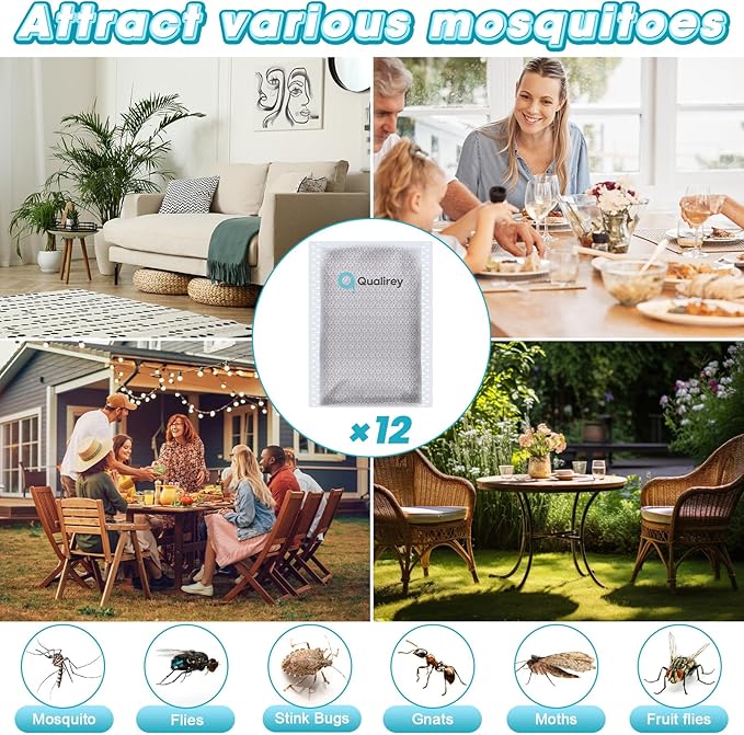 Qualirey 12 Pack Mosquito Attractant in Bulk, Lure for Bug Zapper Bait Refill Compatible with All Mosquito Trap Enhances Catch Rates for Indoor Outdoor Traps, Safe and Long Lasting