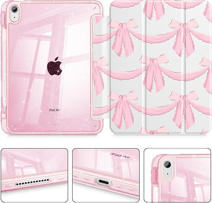 for iPad Air 11 inch M4/M3/M2 (2026/2025/2024) iPad Air 5th/4th Gen (2022/2020) 10.9 inch with Pencil Holder Glitter Clear Pretevtive Cover Auto Wake/Sleep Black Cartoon Stickers