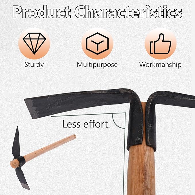 Gardening Pick Axes, Heavy Duty Pick Axe Hand Tool Pickaxe Mattock Hoe with Wooden Handle Mattock Pick Multipurpose Hand Tool for Outdoor﻿
