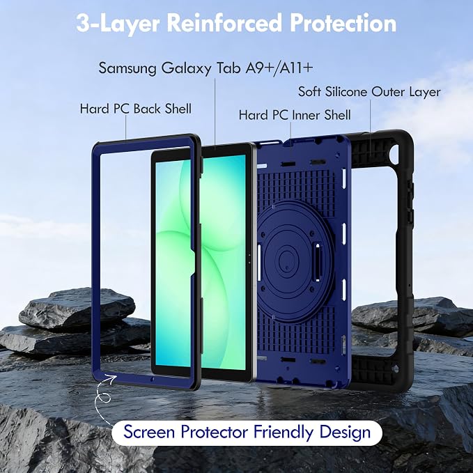 Case for Galaxy Tab A11 Plus 11 Inch 2025 and Galaxy Tab A9 Plus 11 Inch 2023 Heavy Duty Shockproof Rugged Protective Case with 360 Rotating Stand Kickstand Hand Strap and Shoulder Strap