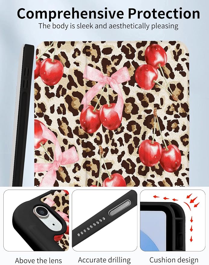 Case for iPad 9th/ 8th/ 7th Generation Case 10.2&amp10.5 Inch (2021/2020/2019 Release) Slim Lightweight Soft Trifold Back Cover with Pencil Holder &amp Auto Sleep/Wake Cover Cherries Cheetah Bows