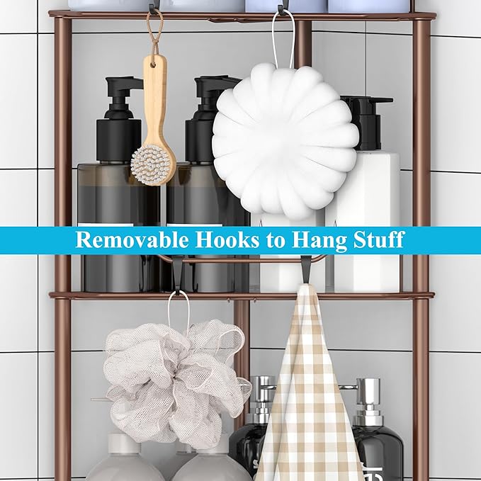 3 Tier Floor Standing Corner Shower Caddy Organizer Shelf with Hooks, Bathroom Shelves Stand Rack, Coffee