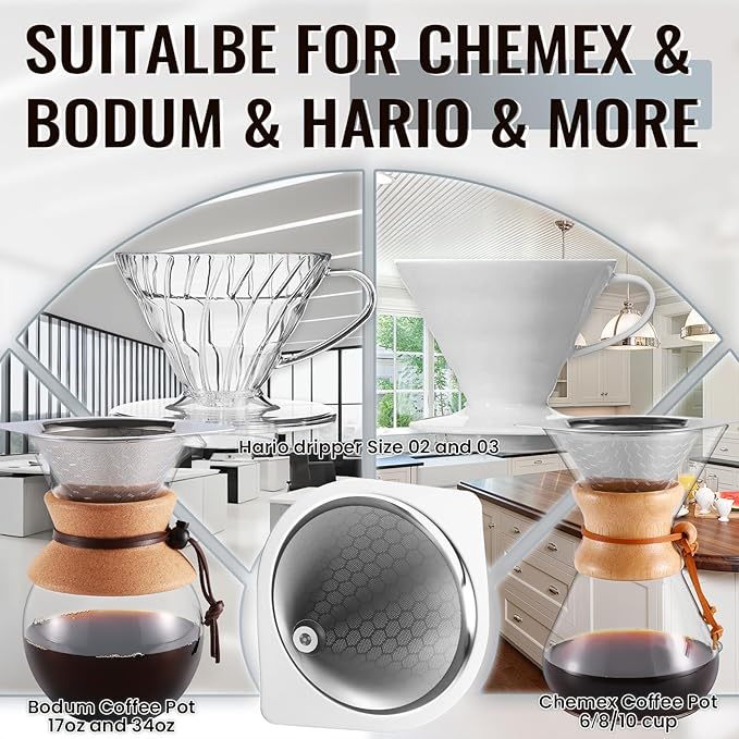 HAPYHOOM Reusable Stainless Steel Coffee Filter for Chemex 6/8/10 Cup, Bodum & Hario V60, Fine Mesh Paperless Pour Over Coffee Dripper