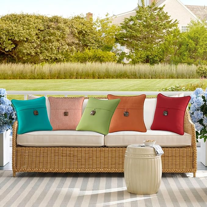 Outdoor Sunbrella Decorative Pillows with Coconut Button Pack of 4, 16" x 16" Outdoor Pillow Set for Couch Bed Throw Patio Sofa, Spectrum Cayenne
