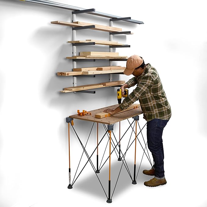 Bora 6 Level Lumber Storage Rack Wood and Garage Organization Space Saving Metal Shelf for Pipes, Boards, Plywood, and Building Materials - PBR-0620 White Gray