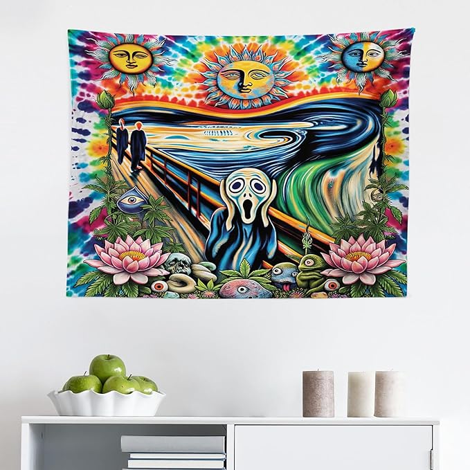 Ambesonne Trippy Tapestry, Tie Dye Effect Esoteric Sun Moon Psychedelic the Scream Interpretation with Flowers, Fabric Wall Hanging Decor for Bedroom Living Room Dorm, 28" x 23", Multicolor