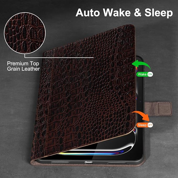 Gexmil Leather Case for iPad Pro 13 Inch M5/M4 2025/2024Crocodile Brown | Genuine Leather Cover with Magnetic ClosureSmart Folio Auto Sleep/WakeProtective ShockproofAdjustable Stand