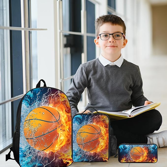 3PCS Basketball Backpack Set for Boys, Lightweight Large Backpack with Lunch Box & Pencil Case, Cool Sport Bookbag for Kids, Back to School Backpacks for Elementary & Middle School - 02
