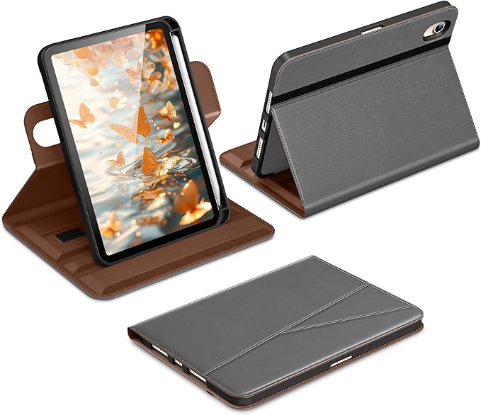 DTTO for iPad mini 7 A17 Pro 2024 aslo fit iPad mini 6 2021 Brown | 360 Degree Rotating Premium Faux Leather Folio Stand Cover with Pencil Holder Auto Sleep/Wake Multiple Angles Hand Strap