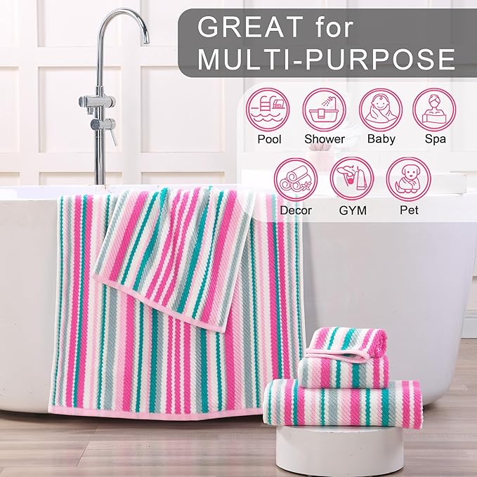 Pink Soft Towel Set (3PC, 100% Cotton), 1 Bath 28"x52", 1 Hand 16"x27", 1 Wash Cloth 13"x13, Quick Dry Towels with Hanging Loop, Striped Absorbent Towels Set for Bathroom & Guest, Pink and Aqua Stripe