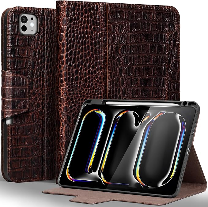 Gexmil Leather Case for iPad Pro 11 Inch M5/M4 2025/2024Crocodile Brown | Genuine Leather CoverPencil HolderMagnetic ClosureSmart Folio Auto Sleep/WakeProtectiveAdjustable Stand