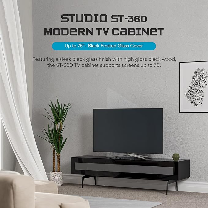 SONOROUS ST-360 Premium TV Stand for Living Room – Modern TV Stands & Entertainment Center with Storage – Black Wood & Black Glass Cover – Luxury Media Console with Metal Legs for TVs up to 75 inches