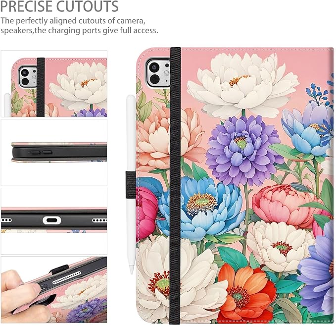 Case for iPad Air 13-inch M4/M3/M2 iPad Pro 12.9 6th/5th/4th/3rd Generation Case with Pencil Holder Multi-Angle Adjustable Stand Shockproof Pocket/Hand Strap/Auto Wake Sleep Sunflowers Butterfly