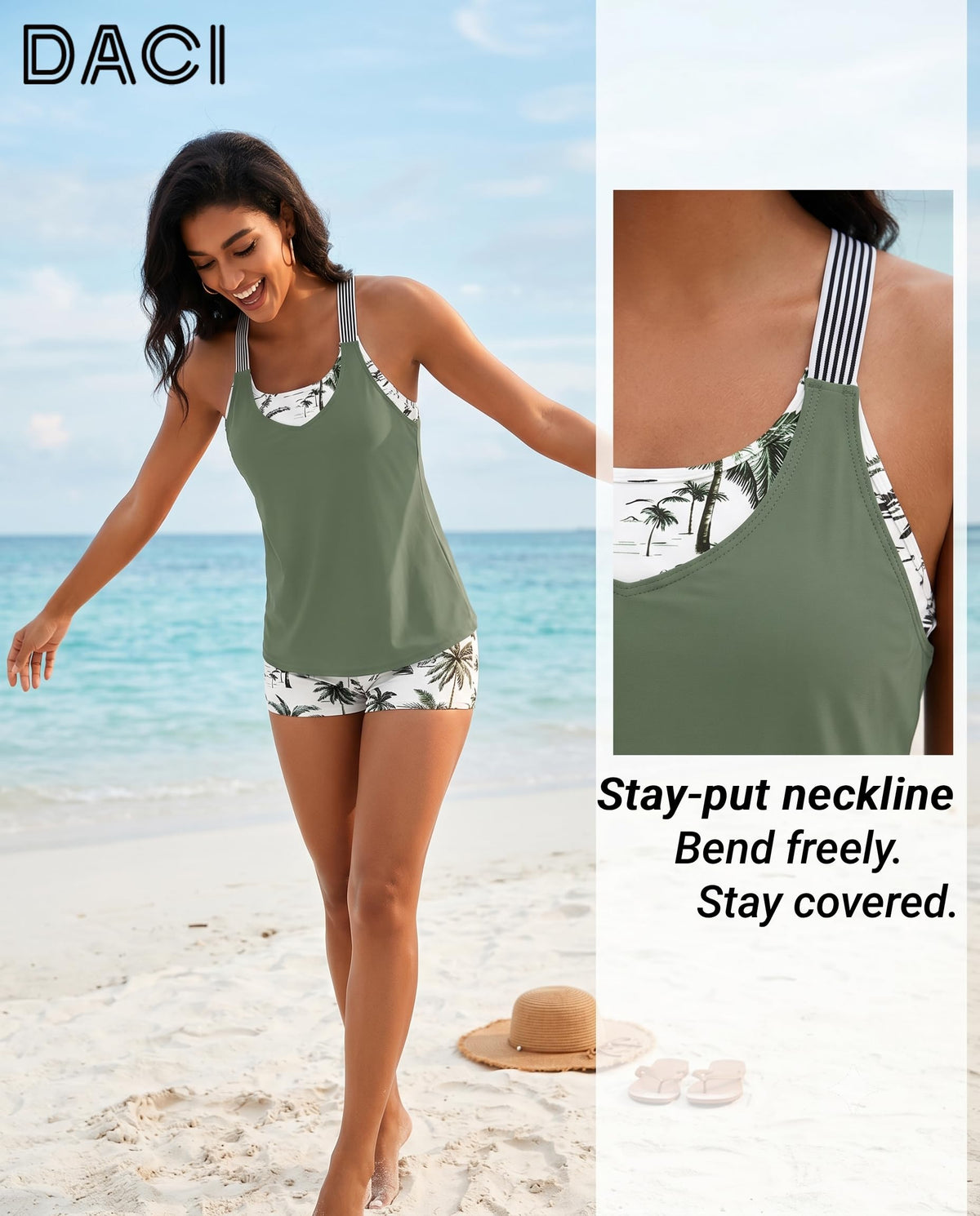 Daci Green Palm Tree Athletic Tankini Swimsuits for Women-2025 Bathing Suits 2 Piece Swimwear with Shorts for Tummy Control L