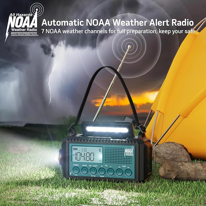 Emergency Weather Radio with AM/FM/NOAA/SW, 5 Ways Powered Solar Hand Crank Alert Radio with LCD Display&SOS, 5000 Portable Radio with Cellphone Charger, Flashlight, Reading Lamp, Headphone Jack