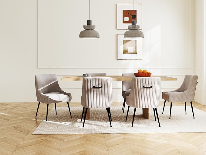 Velvet Dining Chairs Set of 6,Gray Upholstered Living Room Chairs with Black Metal Legs, Modern Tufted Accent Chairs for Living Room, Study Room, Kitchen