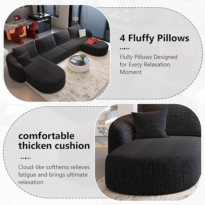 138.6" Modular Sectional Couches Luxury Modern Curved Back U-Shape Sofa Set with Ottoman,Minimalist Comfy Boneless Cloud Couch for Living Room Apartment,(Left Facing Chaise,Black)