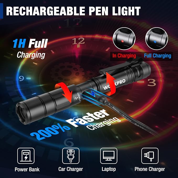 WORKPRO Rechargeable Pen Light 2 Pack Ultra-Compact EDC Flashlight Black | Mini Flashlight Pocket Flashlight with Clip Memory Function and 2 x USB C Cable Included
