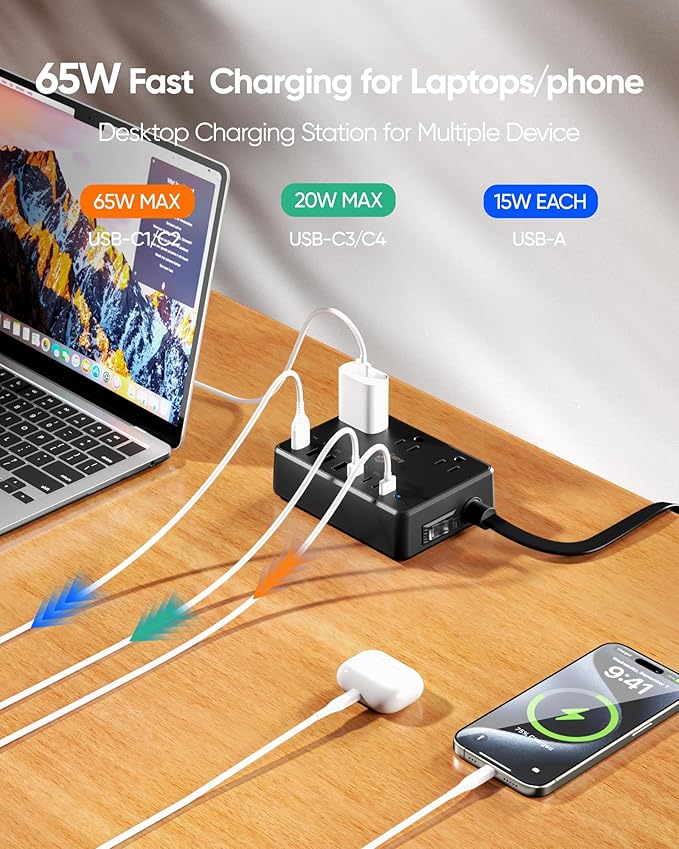Kakyanill 100W Power Strip, 6 AC Outlets 8 USB Ports(4 USB C) with 2000J Surge Protector, 5ft Flat Plug Extension Cord, Compact for Desk Home Office Dorm, Black